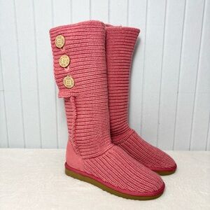 UGG Australia Classic Cardy Knit Sweater Pink Woven Button Boots 5819 Size 9
